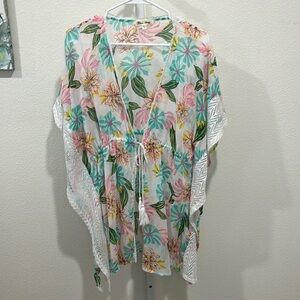 MIKEN Pink Stretch Caftan Kimono Sleeves Deep V Neck Crochet Sammy Cover Up